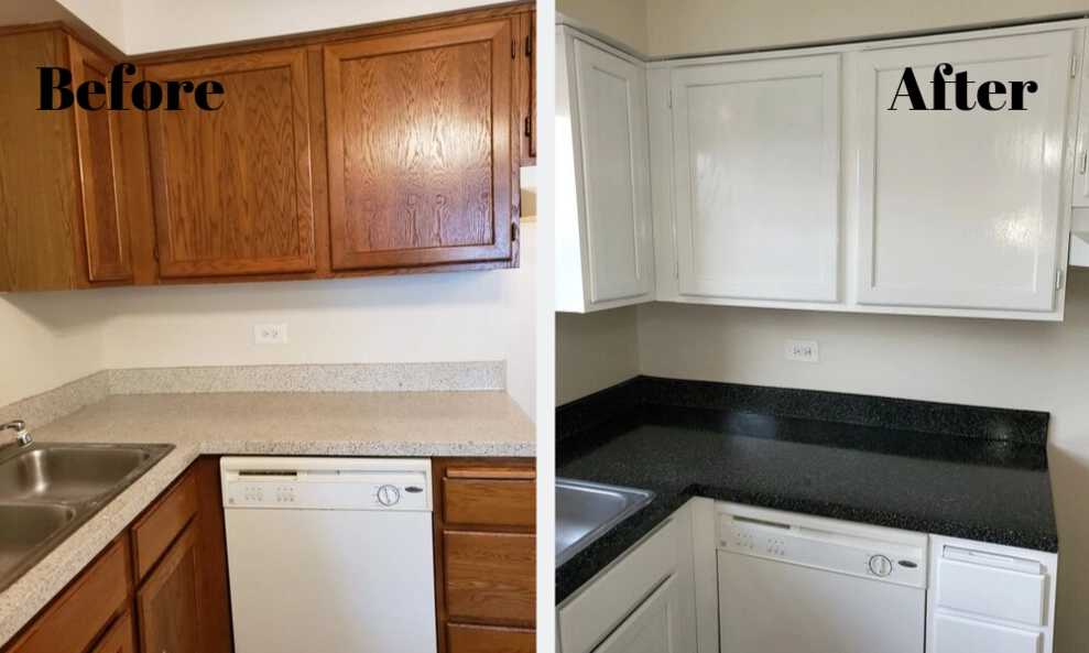 The image shows the before and after of refinished kitchen cabinets, the before shows brown wood kitchen cabinets and the after shows the cabinets painted white.